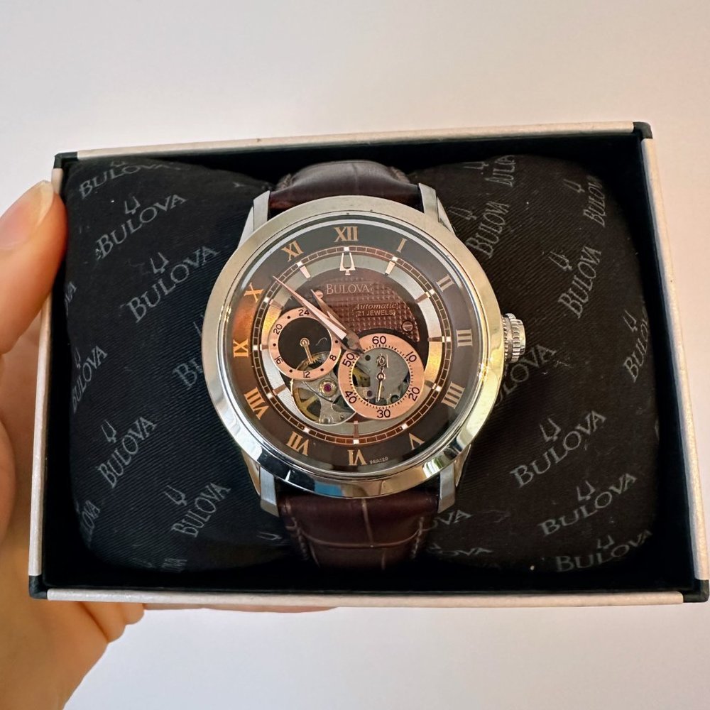 Bulova Men's Dual Aperture Dial Watch with Brown Leather Band NWT